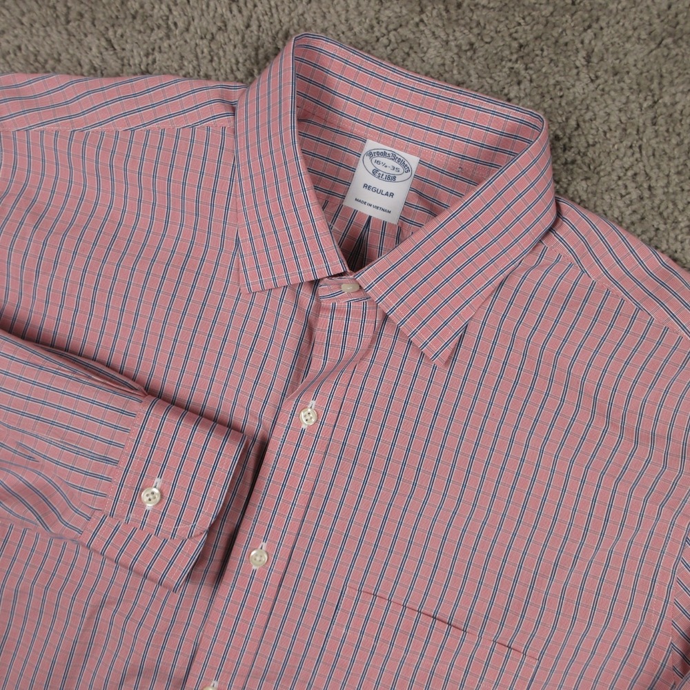 Brooks Brothers Shirt Mens L 16.5 35 Red Plaid Check Regular Dress Button Up